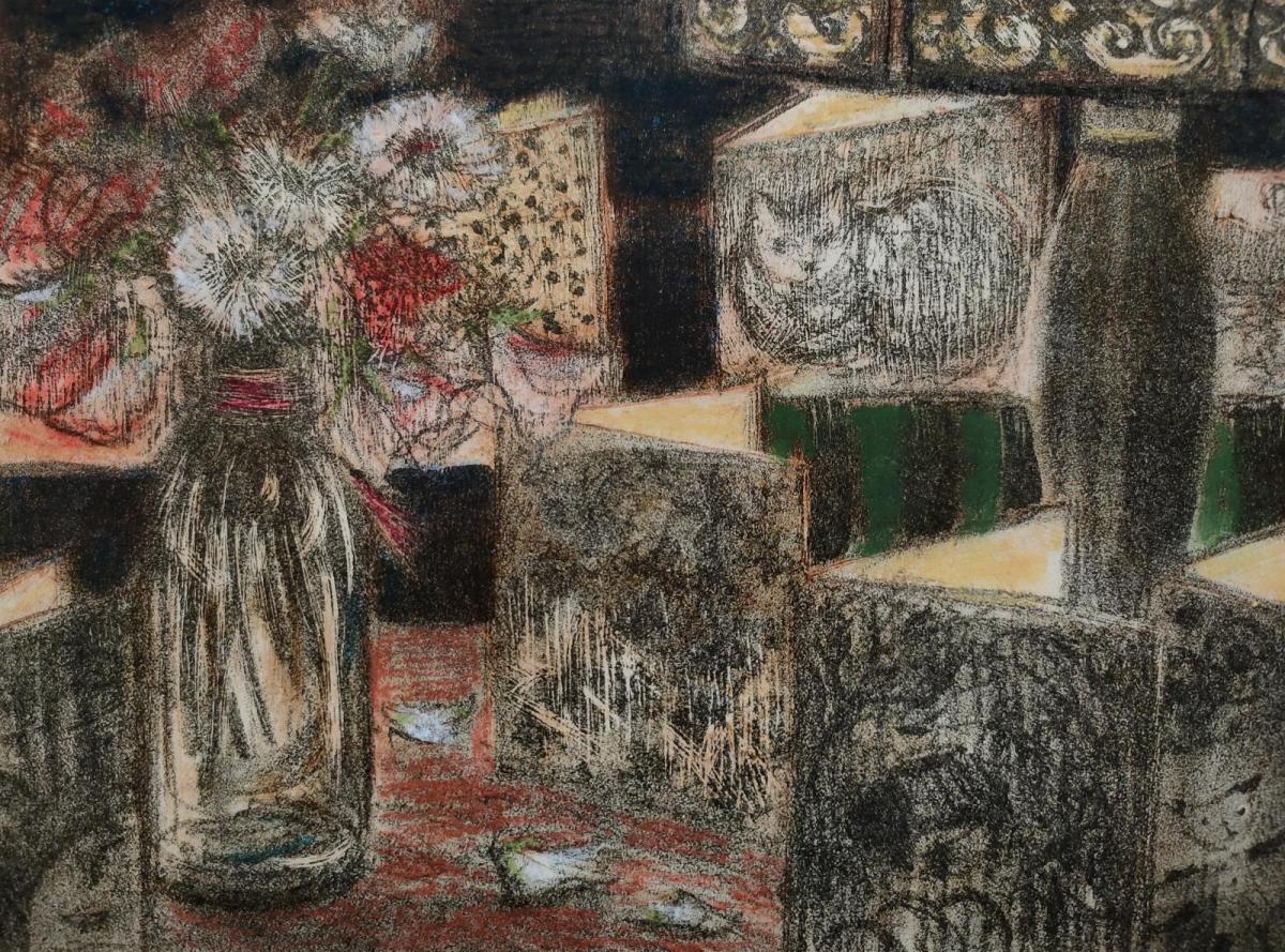 'Birthday Cards' stone lithograph and pastel, R Payn